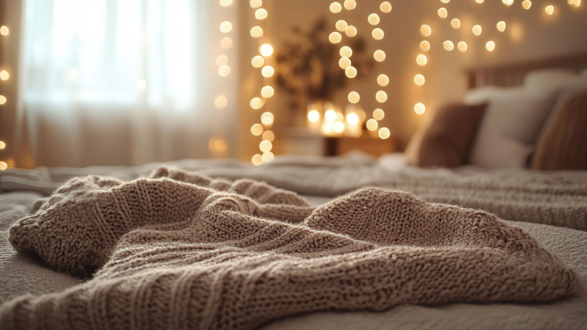 Cocooning, kuschelige Wolldecke auf einem Bett mit schöner Beleuchtung im Hintergrund
