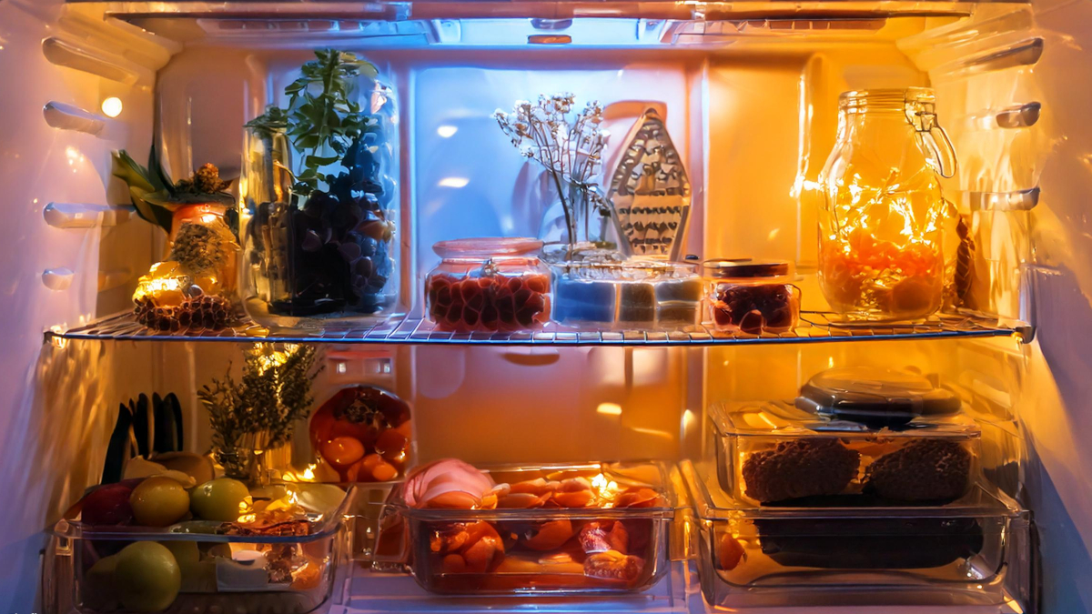 Fridgescaping: Ein Kühlschrank von innen bunt dekoriert.