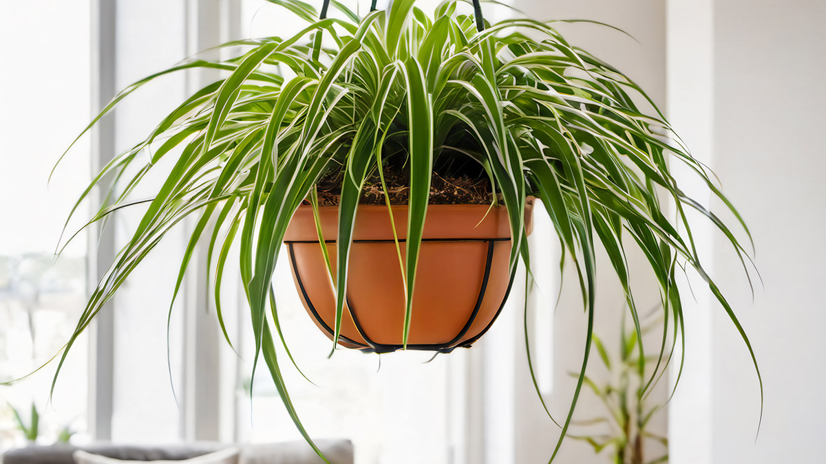 Geheimtipps Wohnung, Pflanze hängt im Topf von der Zimmerdecke