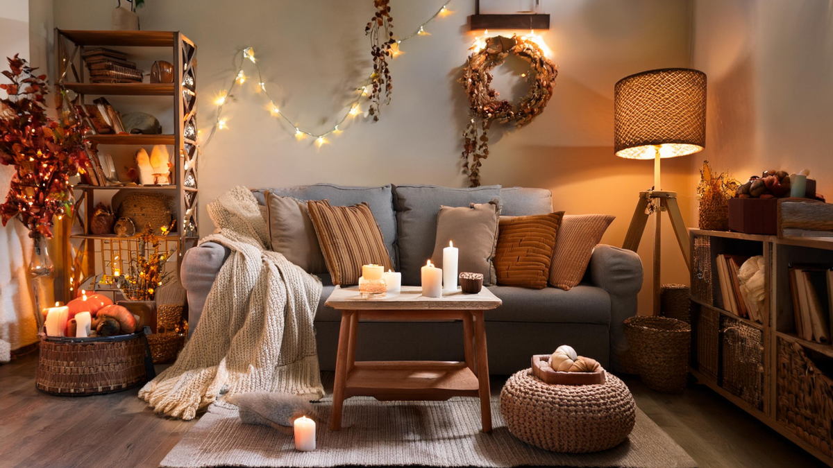 Herbst-Deko: Ein gemütliches Wohnzimmer mit Kerzen, Kürbissen und Lichterketten.