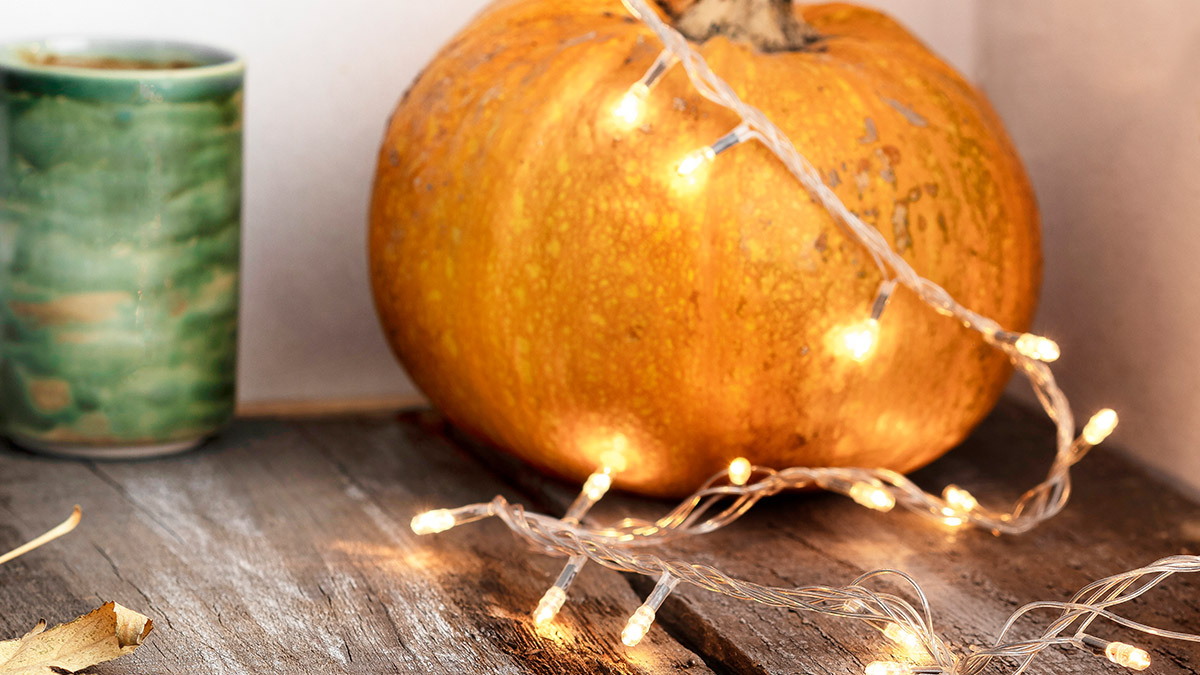 Lichterkette um einen Kürbis herumgelegt. 