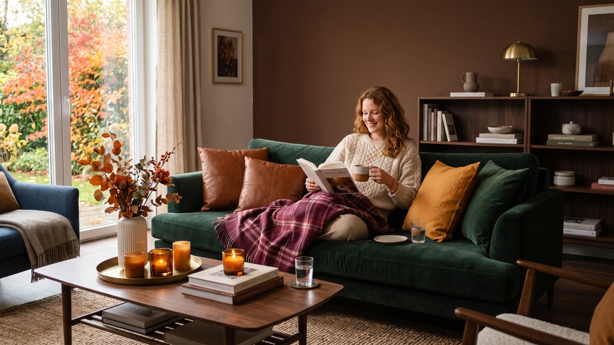 Eine Frau sitzt auf dem Sofa im herbstlich dekorierten Wohnzimmer