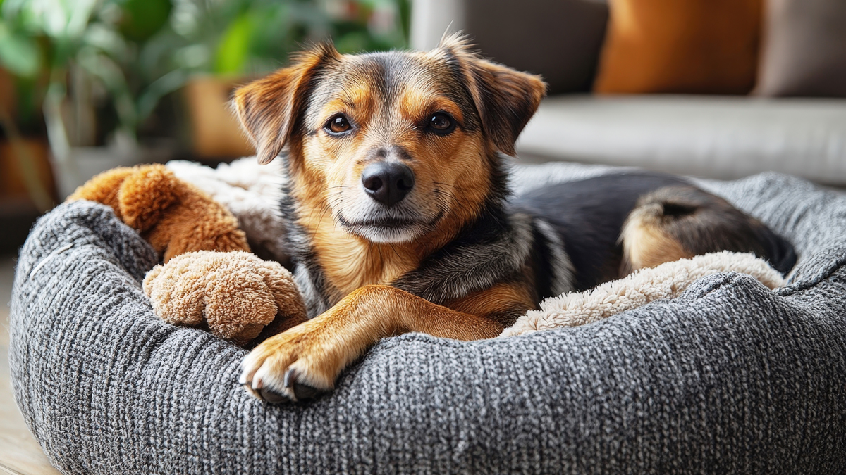 Hund liegt in Hundekörbchen und guckt raus