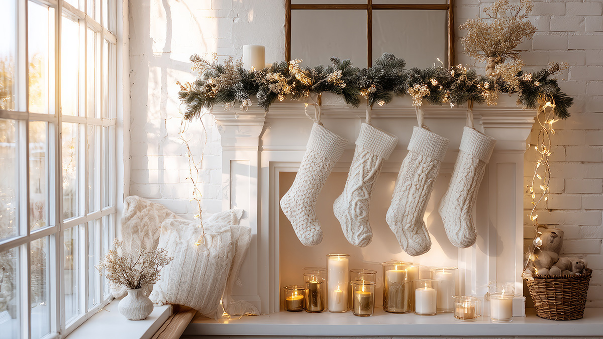 Ein festlich dekorierter Kaminsims mit Kerzen statt Feuer