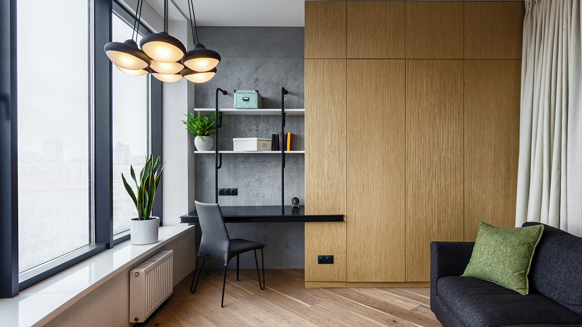 Mehrzweckraum, 3-in-1-Zimmer mit Schreibtisch, Kleiderschrank, Sofa und Bücherregal