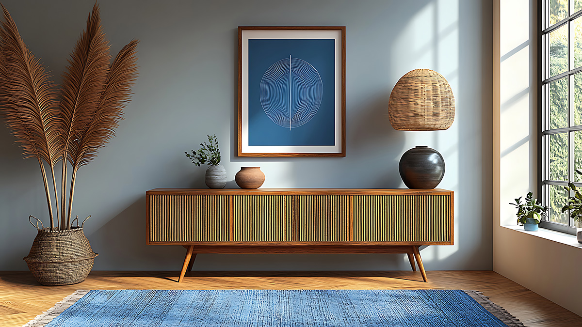 Mid Century, flaches Sideboard mit viel Holz