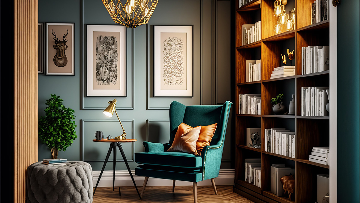 Neo Deco Wohnzimmerecke mit Sessel in dunkelgrün