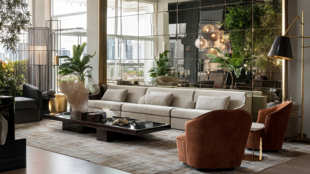 Spiegel Raum vergrößern, Wohnzimmer mit großem Spiegel hinter dem Sofa, der den Raum optisch vergrößert