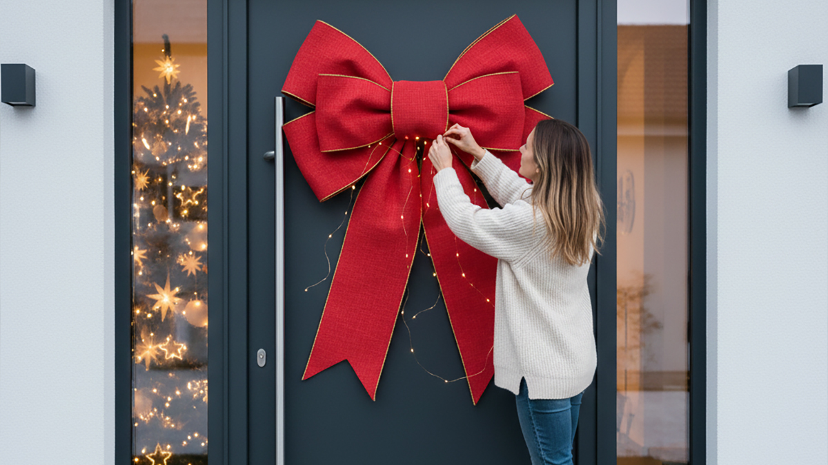 Eine Frau dekoriert eine große rote Schleife an der Haustür