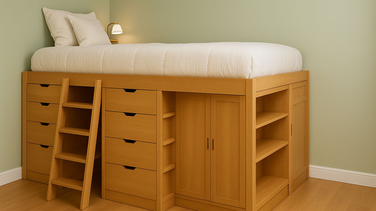 Ein Podestbett kann gleichzeitig ein Schrank sein.