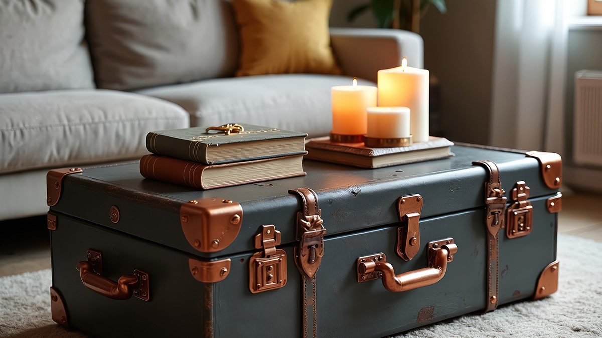 Upcycling Wohnzimmer, ein alter Koffer als Couchtisch, auf dem Kerzen und Bücher stehen