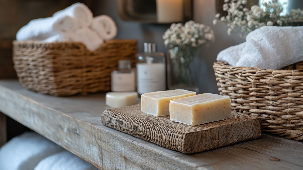 Upcycling im Badezimmer, Holzablage für die Seife und Bastkörbchen für Handtücher im Badezimmer