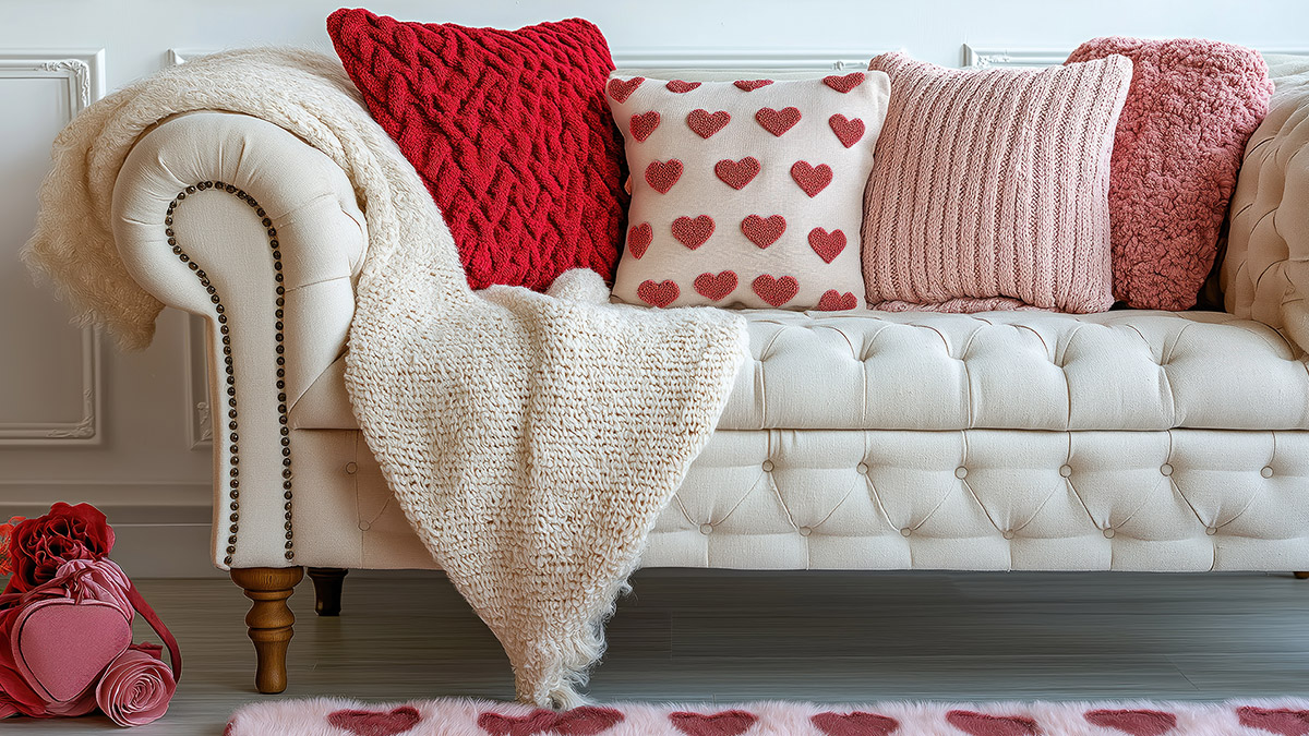 Valentinstag Wohnung, Herzkissen auf Sofa