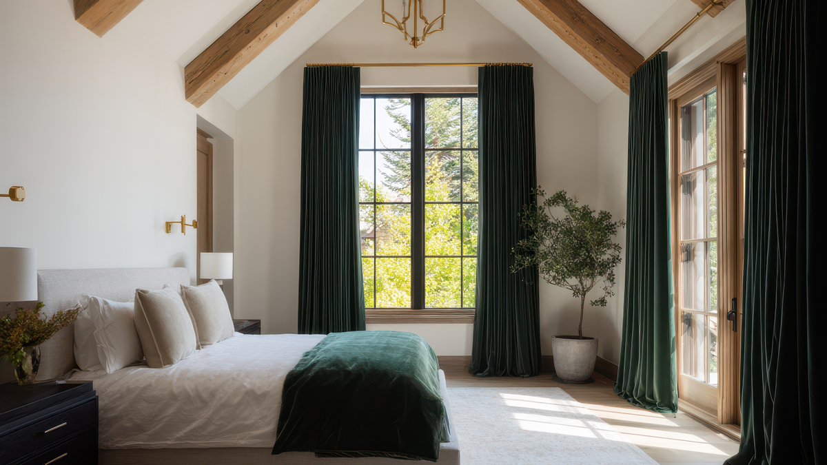 Schlafzimmer mit Samtvorhängen