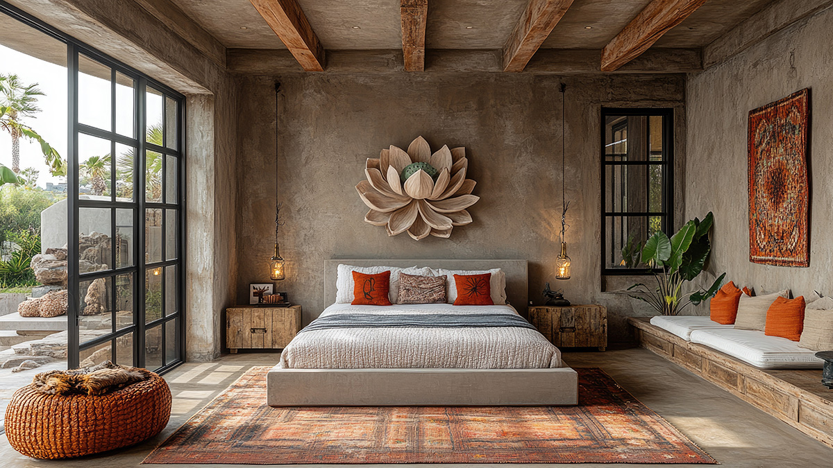 Ein Schlafzimmer mit einem Lotus-Motiv an der Wand. 