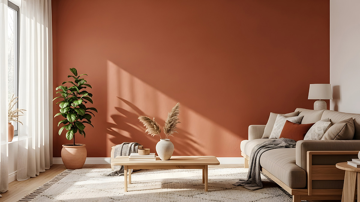 Wow Farben Wohnung, Wohnzimmer mit Wand in Terrakotta