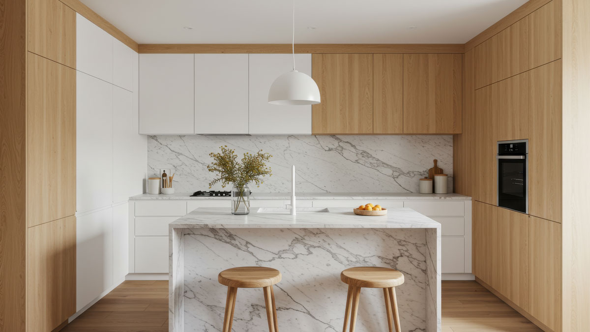 Zweifarbige Küche, eine moderne Küche mit weißen Schränken und einer Kochinsel, die zwei Hocker aus Holz sowie eine Wandfarbe in neutralem Ton aufweist