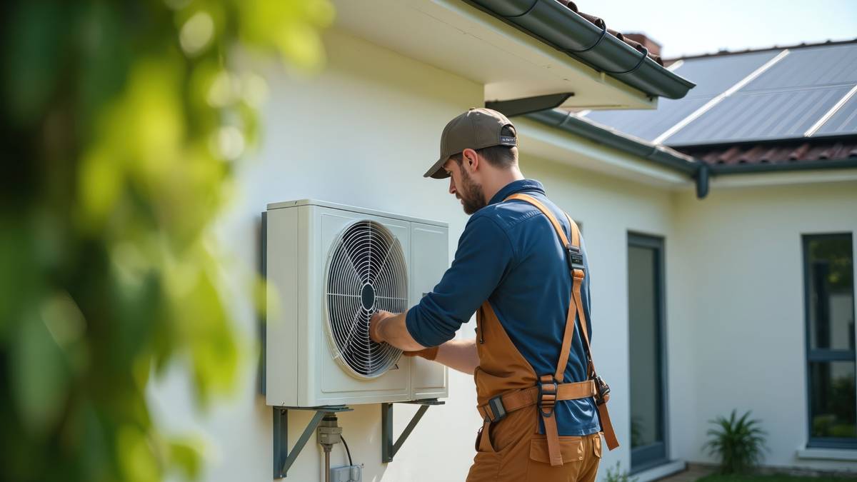 Ein Mann montiert eine Wärmepumpe am Haus - PV-Anlage auf dem Dache