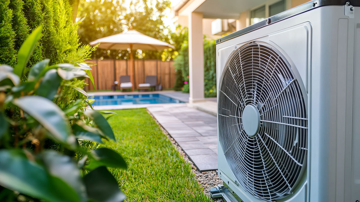 Wärmepumpe Sommer, Wärmepumpe im Sommer in der Nähe eines Pools