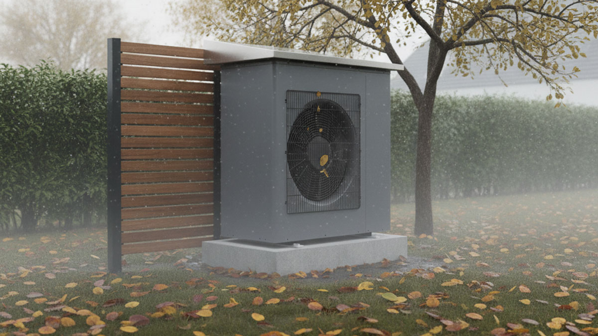Wärmepumpe Verkleidung, verkleidete Wärmepumpe im Herbst
