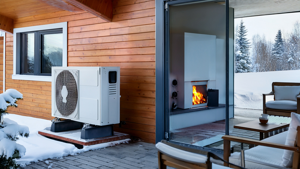 Wärmepumpe und Kaminofen, außen eine Wärmepumpe, innen ein Kaminofen
