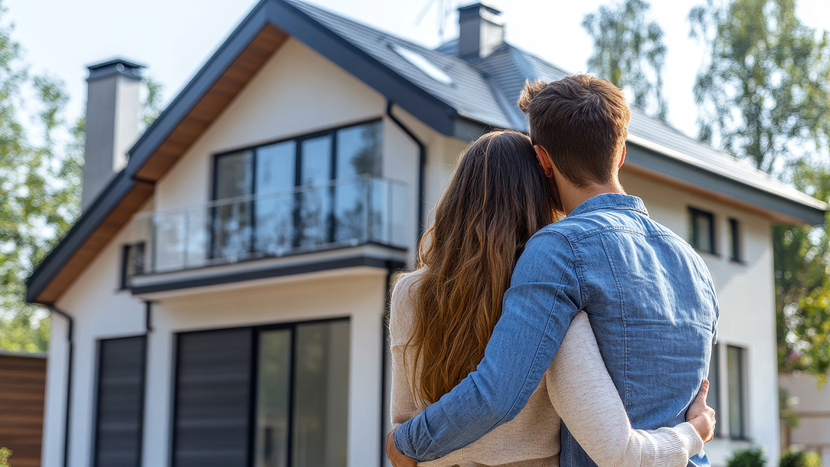 Ein Paar steht vor einem neuen Einfamilienhaus.