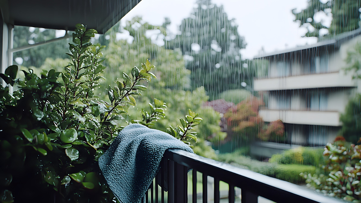 Balkon trotz Regen, Blick vom Balkon auf Regen
