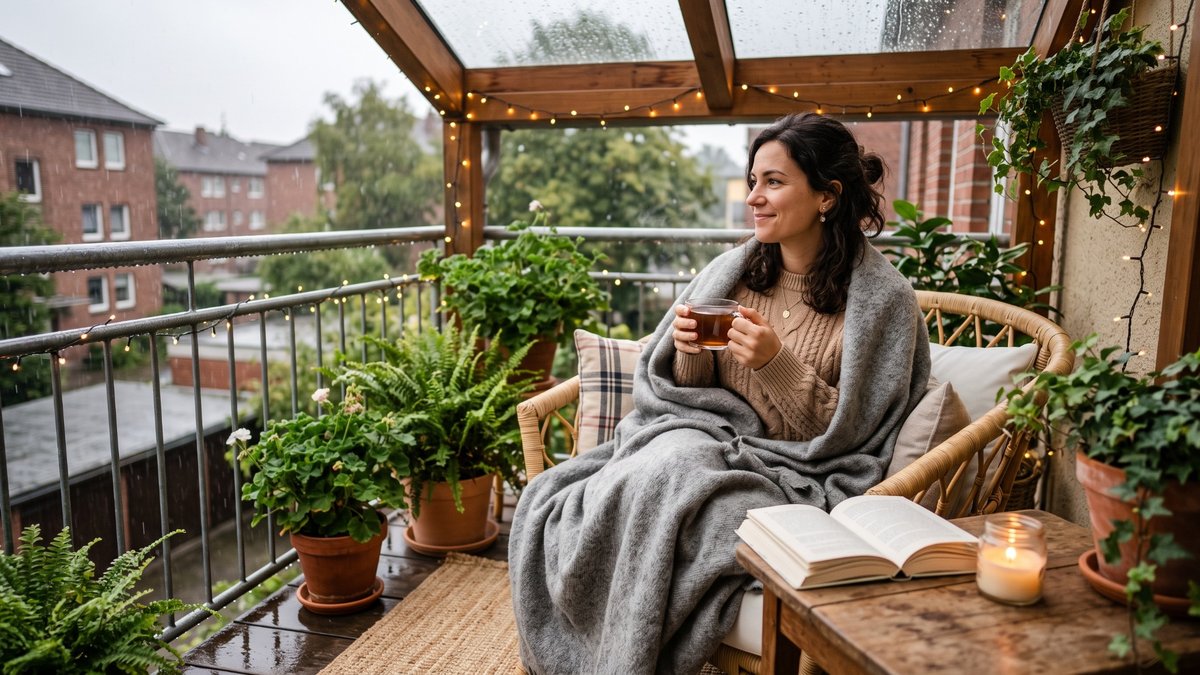 Eine Frau sitzt mit einer Decke auf ihrem wettergeschützten Balkon