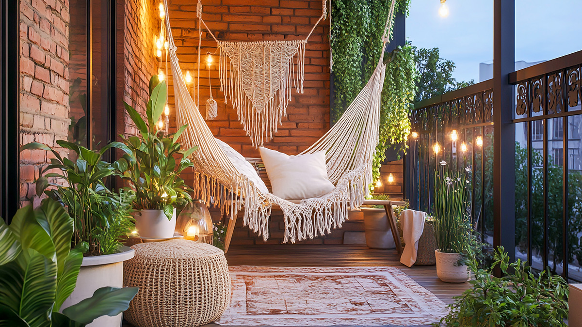 Ein Balkon im Boho-Look mit Hängematte und Makramee