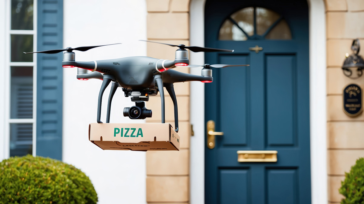 Drohnenüberflug, Drohne liefert Pizza