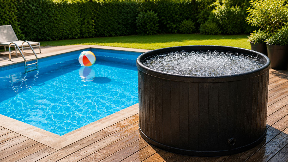 Eistonne Abkühlung, Eistonne neben Pool im Sommer