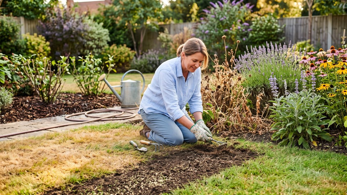 Garten nach der Hitze, Frau bei der Gartenarbeit im Spätsommer