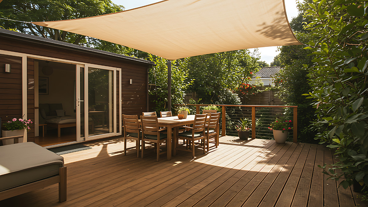 Ein Sonnensegel kann deinen Garten verschönern und bei Hitze den Aufenthalt erträglicher machen. Foto: stock.adobe.com / HariBudi