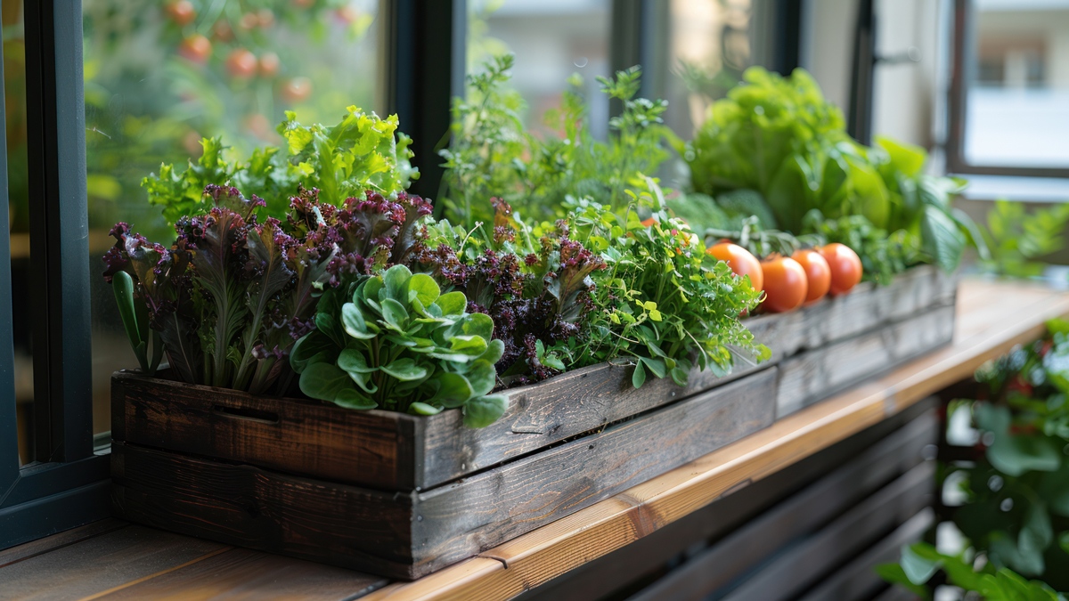 Blumenkasten mit Salat und Tomaten