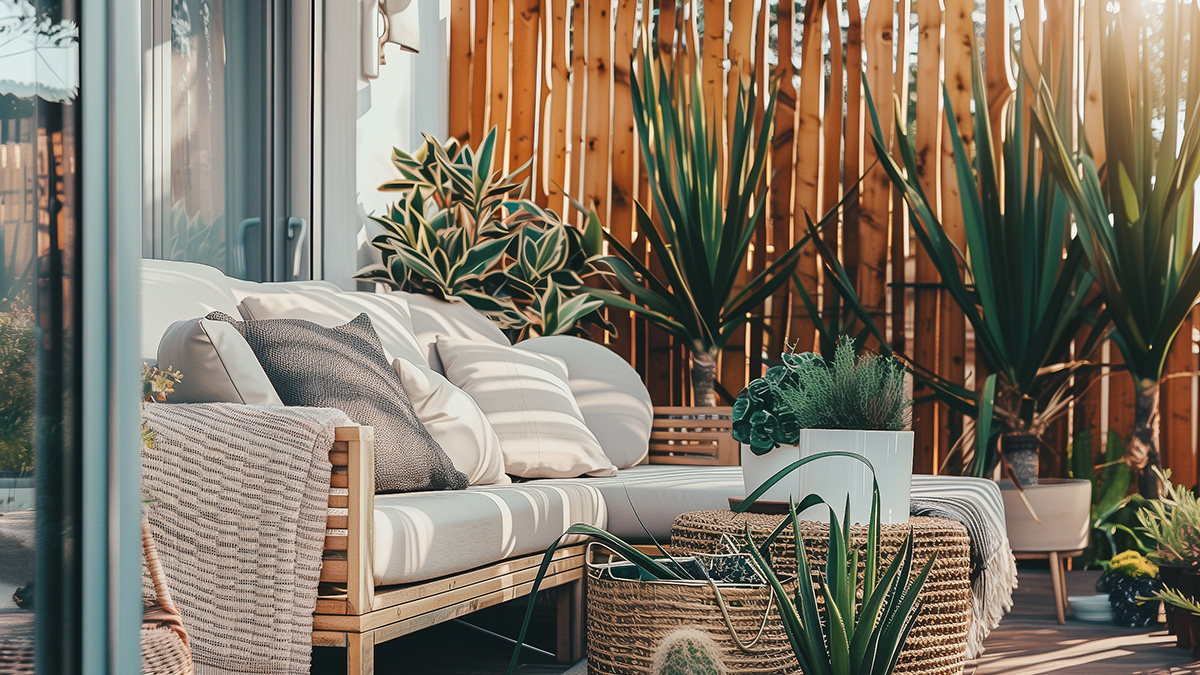 Eine Lounge auf der Terrasse mit Sichtschutz aus Altholz
