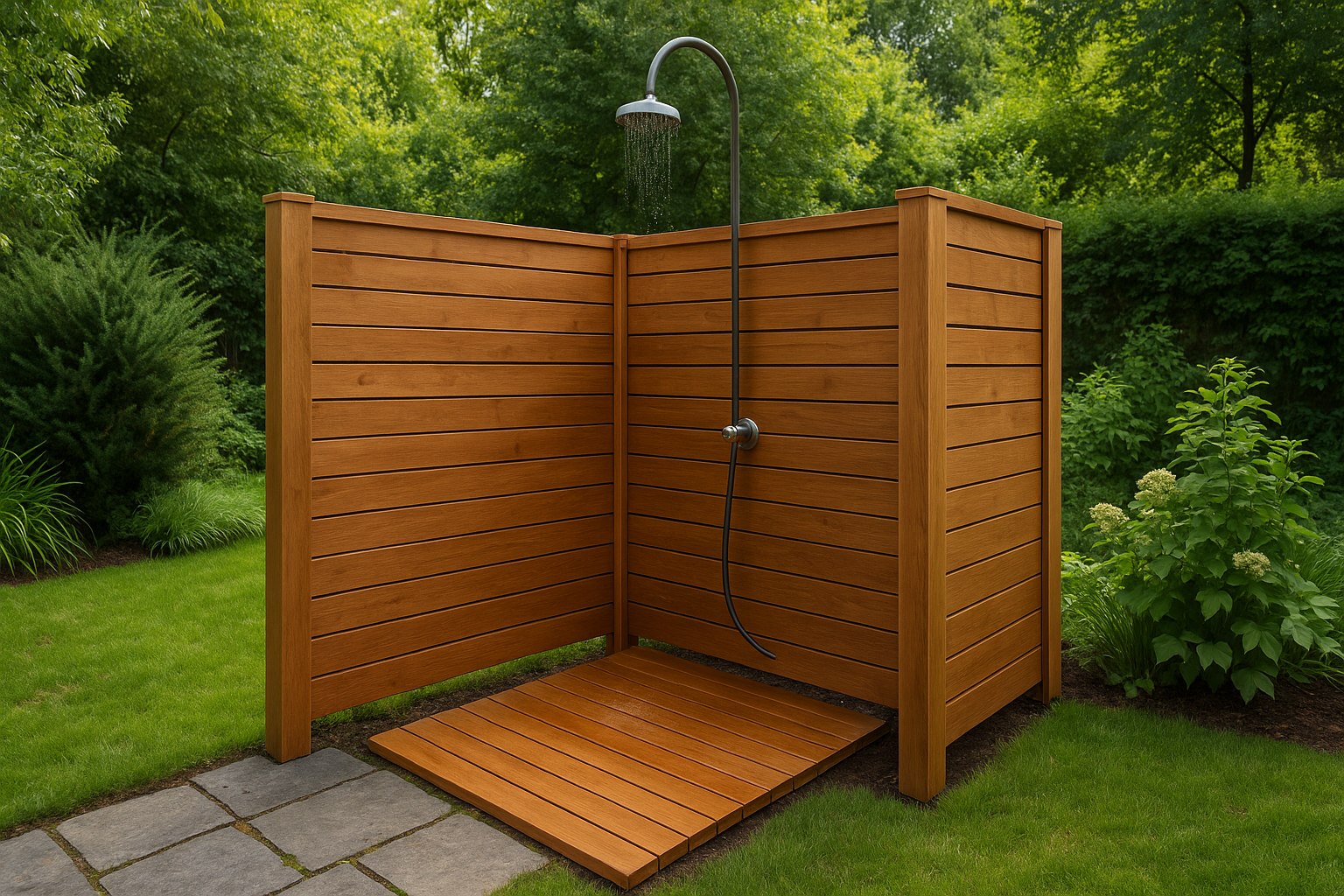Eine Dusche im Garten mit Sichtschutz aus Holz