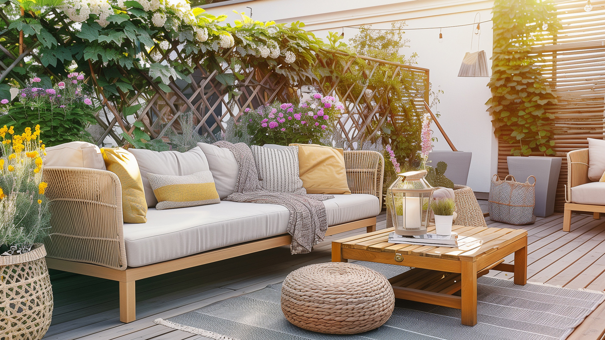 Schöne Terrasse mit bepflanztem Sichtschutz