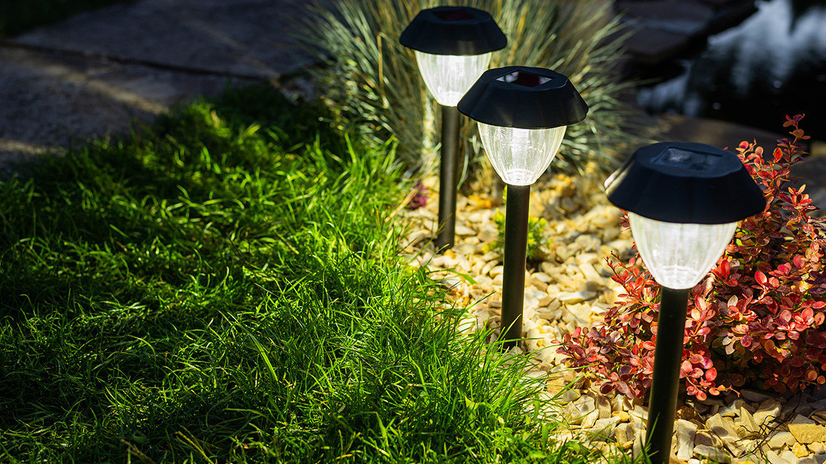 Drei Solarleuchten beleuchten nachts die Beetkante.