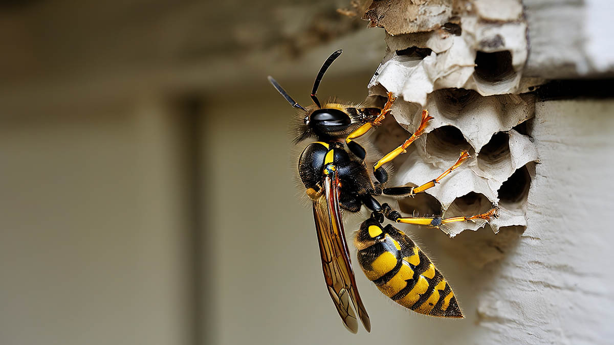 Wespe zu Beginn des Nestbaus