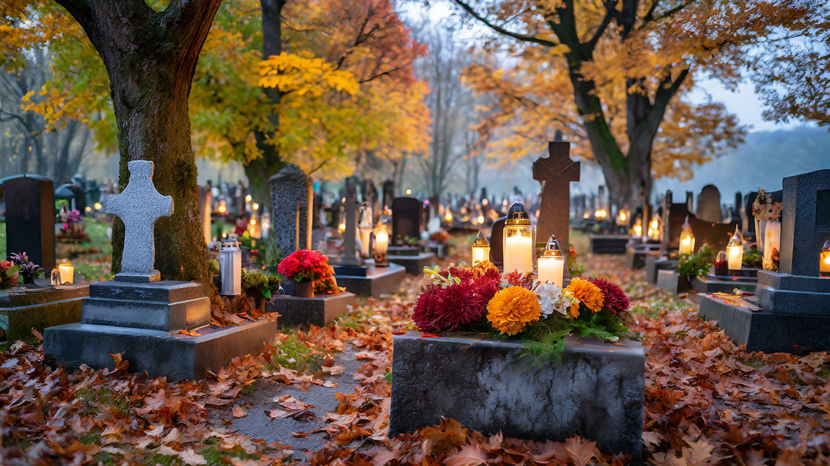 Allerheiligen, Blick auf einen Friedhof im Herbst mit Lichter auf den Gräbern
