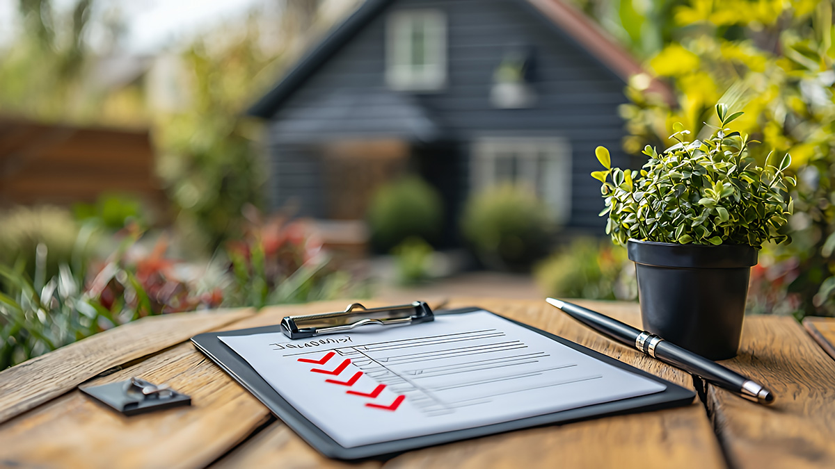 Immobilienkauf Preis Leistung, Checkliste auf einem Tisch im Garten mit Blick auf ein Haus