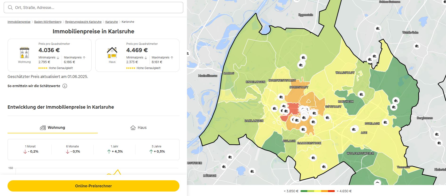Die immowelt Price Map zeigt für Karlsruhe, wie viel Immobilien kosten. Foto: immowelt Price Map