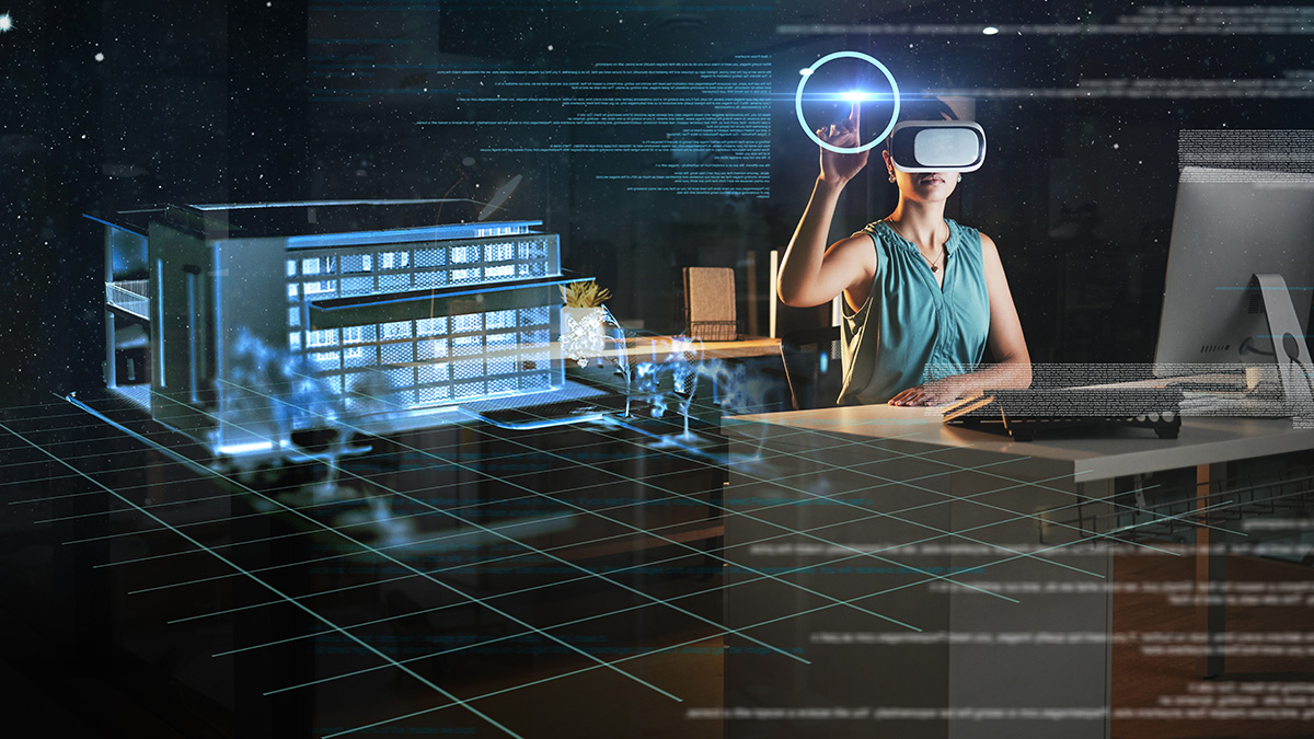 Metaverse Grundstücke, Frau mit Virtual Reality Brille kauft Grundstücke im Metaverse