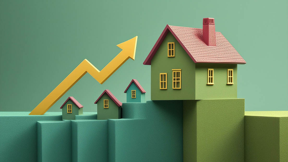 Symbolbild Häuser mit Pfeil, der nach oben zeigt