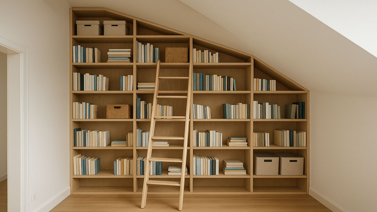 Regal können mit etwas handwerklichem Geschick perfekt in jedem Raum gebaut werden. Eine Leiter hilft auch, um an Kisten zu kommen. Foto: KI