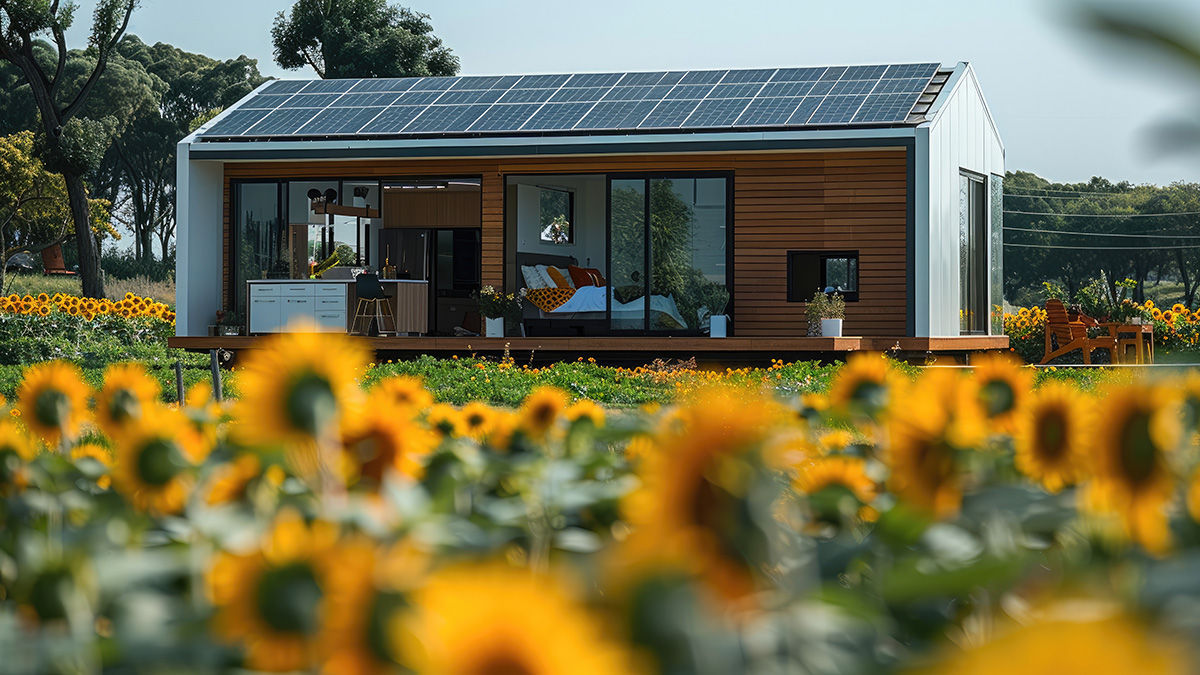 Energieeffizienzklassen Tiny House, Tiny House mit Solaranlage inmitten von Sonnenblumen