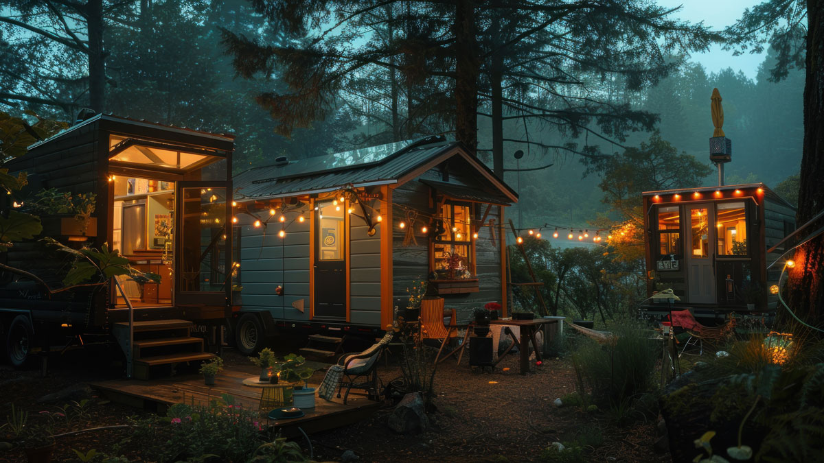 Sternzeichen Tiny House, verschiedene Tiny Houses im abendlichen Wald