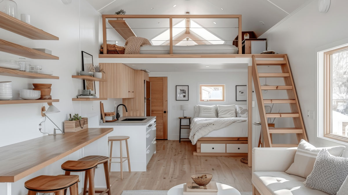 Tiny House Farben, Blick in ein Tiny House mit hellen Farben und Holzakzenten