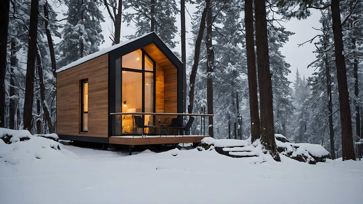 Tiny House ganzjährig bewohnbar, Tiny House im schneebedeckten Winterwald