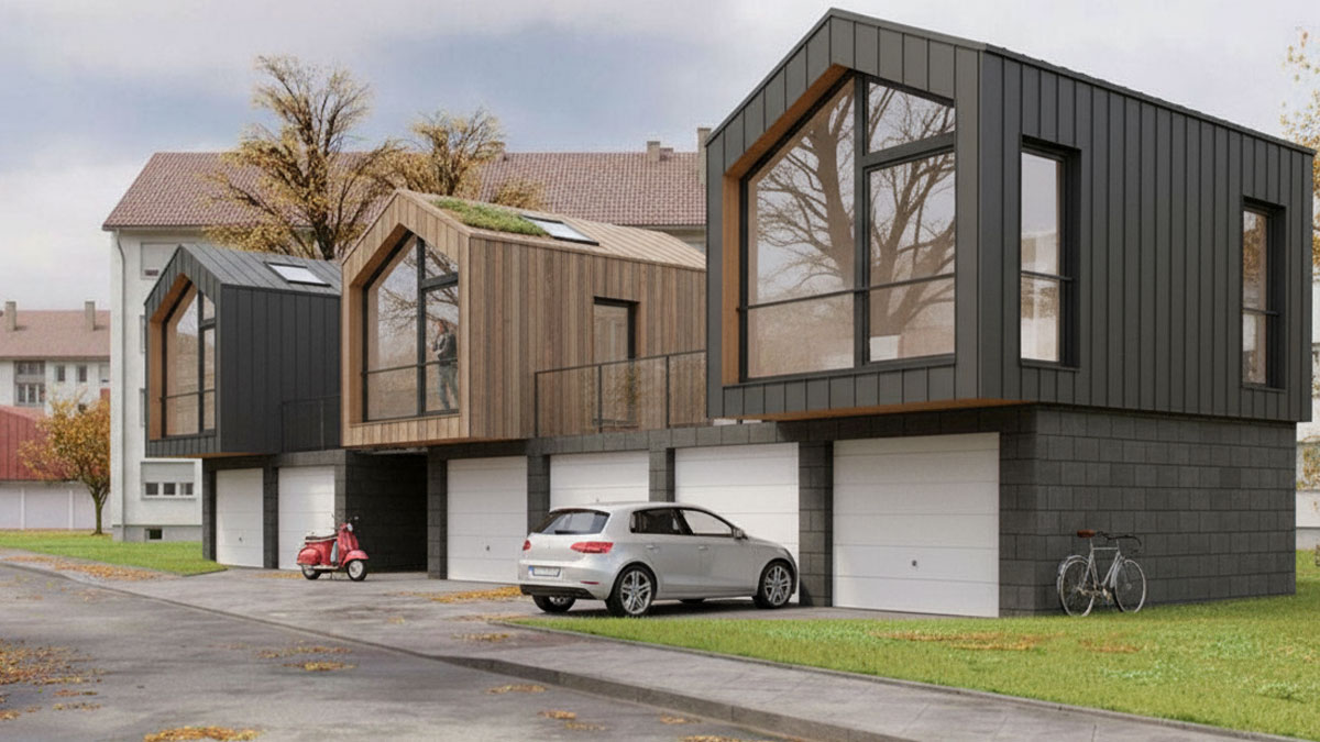Eine Illustration zeigt: Kleine Häuser auf der Garage könnten neuen Wohnraum schaffen.